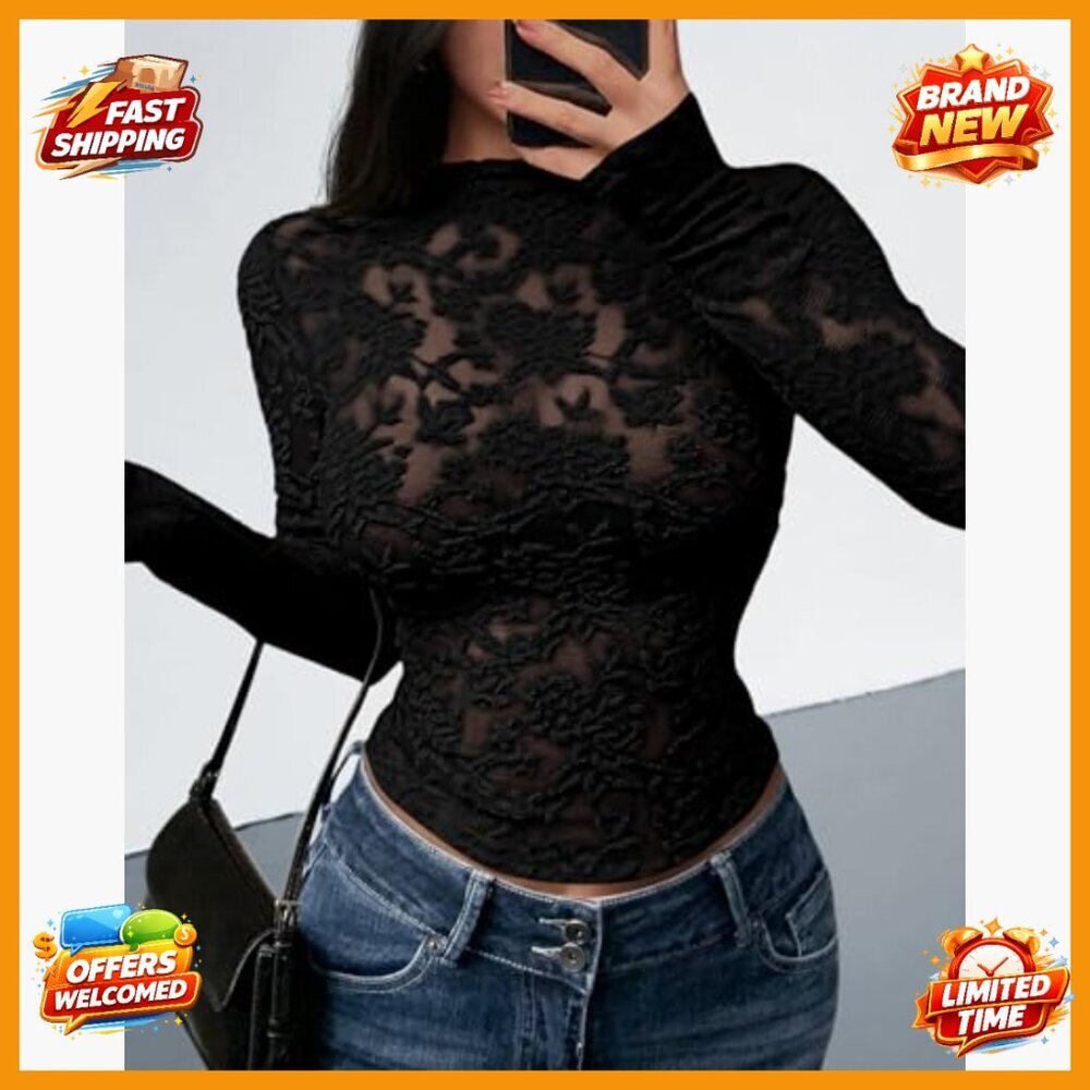 Mesh Long Sleeve Lace Top Sheer Slim Fit Crew Neck Party Club - Picture 6 of 7